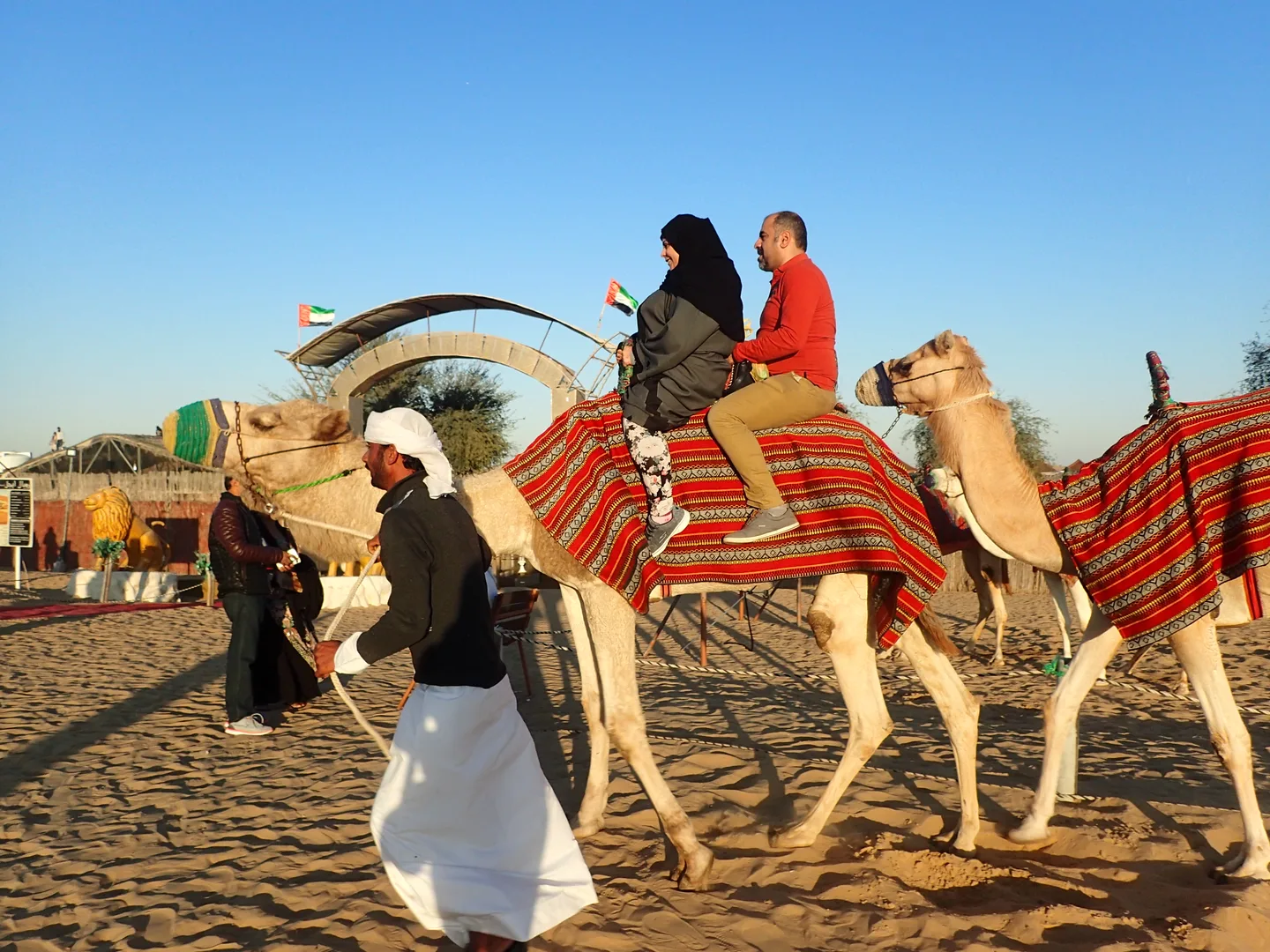 Visitors riding camels across desert sand.