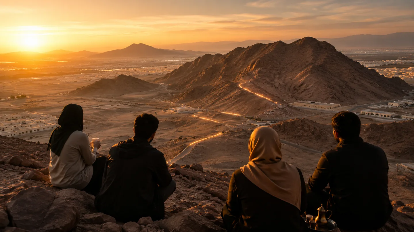 Illustrated travellers watching a sunset over a Madinah mountain landscape inspired by Uhud