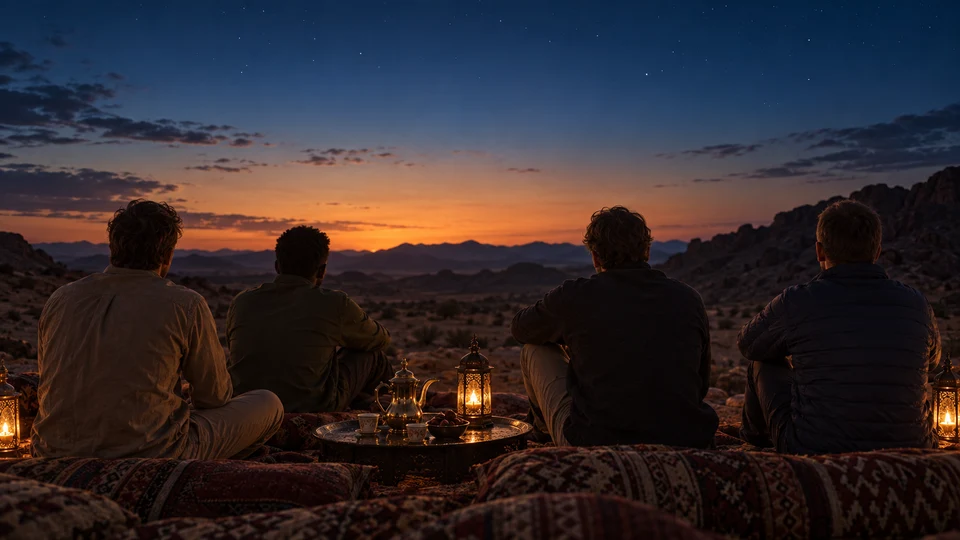 Travellers gathering in the desert at dusk