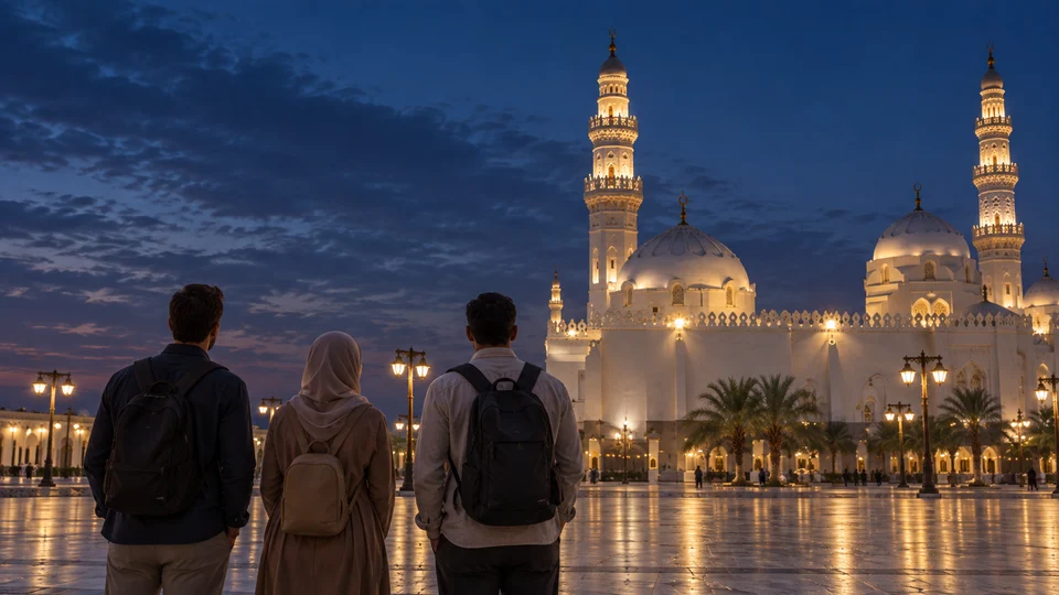 Illustration of travellers approaching a Madinah mosque at dusk
