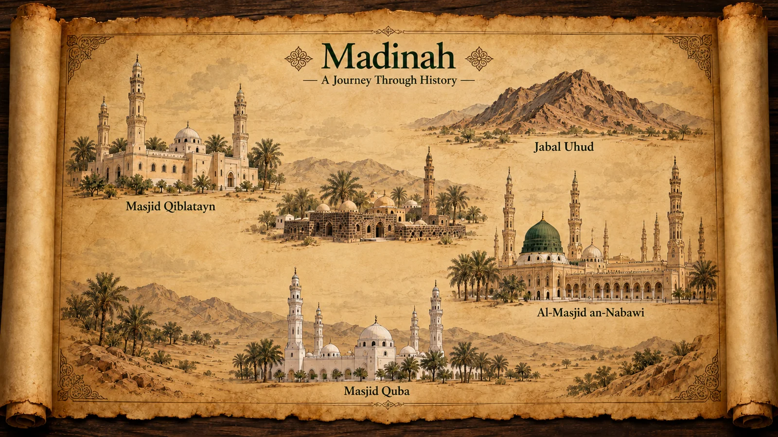 Illustrated parchment map of five Madinah landmarks: Masjid Nabawi, Quba, Qiblatayn, Masjid Khandaq (Saba Masajid) and Jabal Uhud.