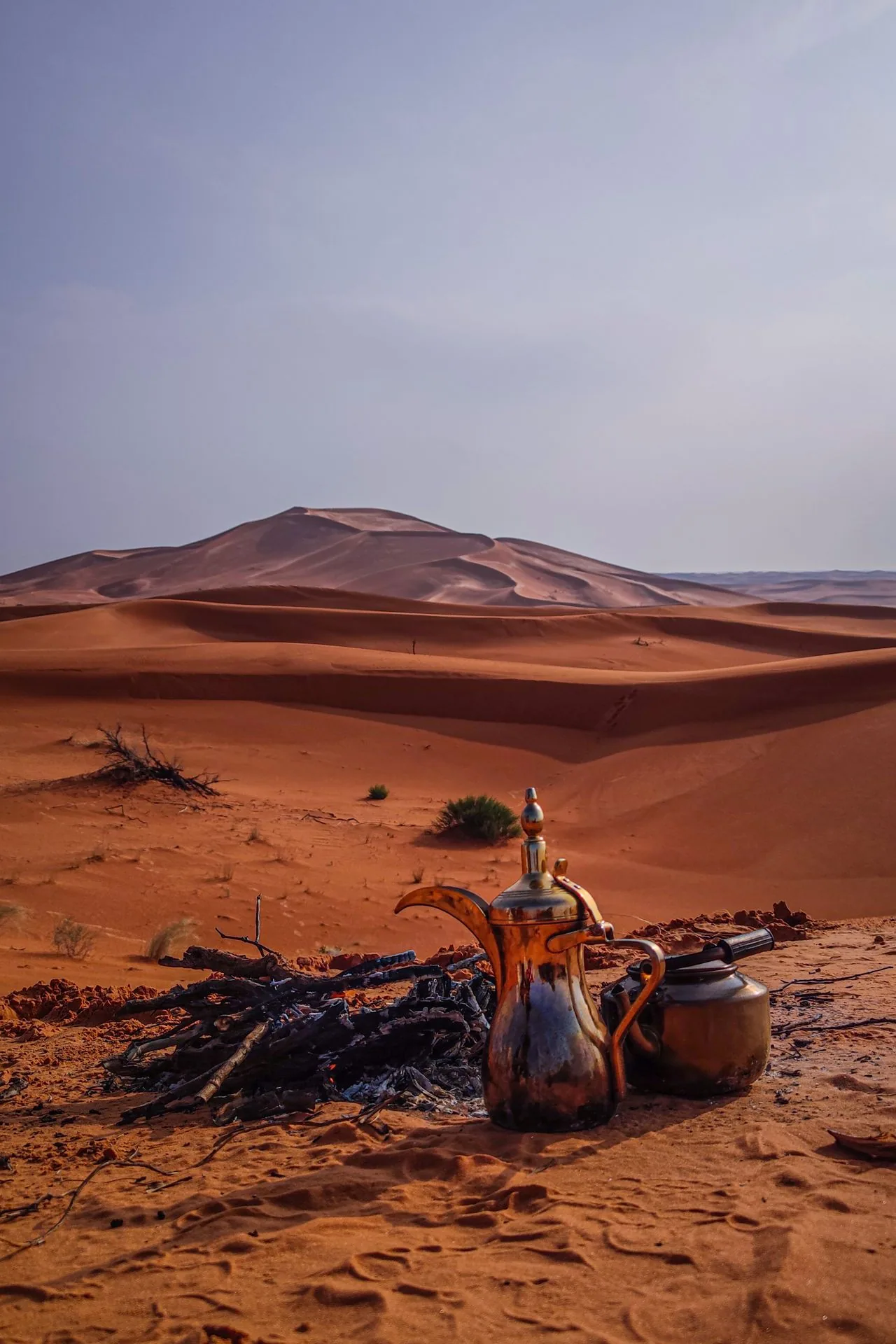 Coffee pots beside a desert fire.