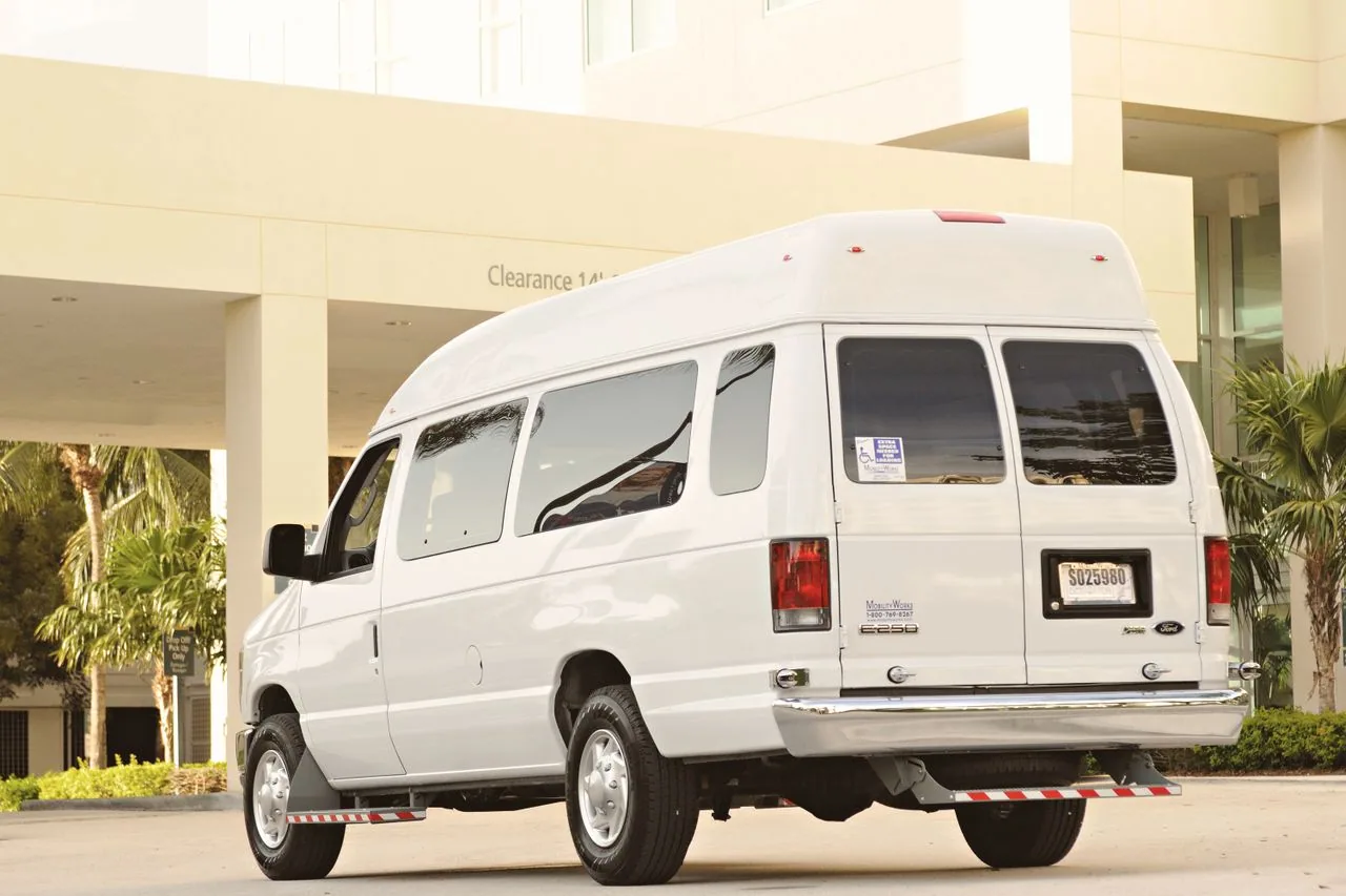 White passenger van parked beside palm trees.