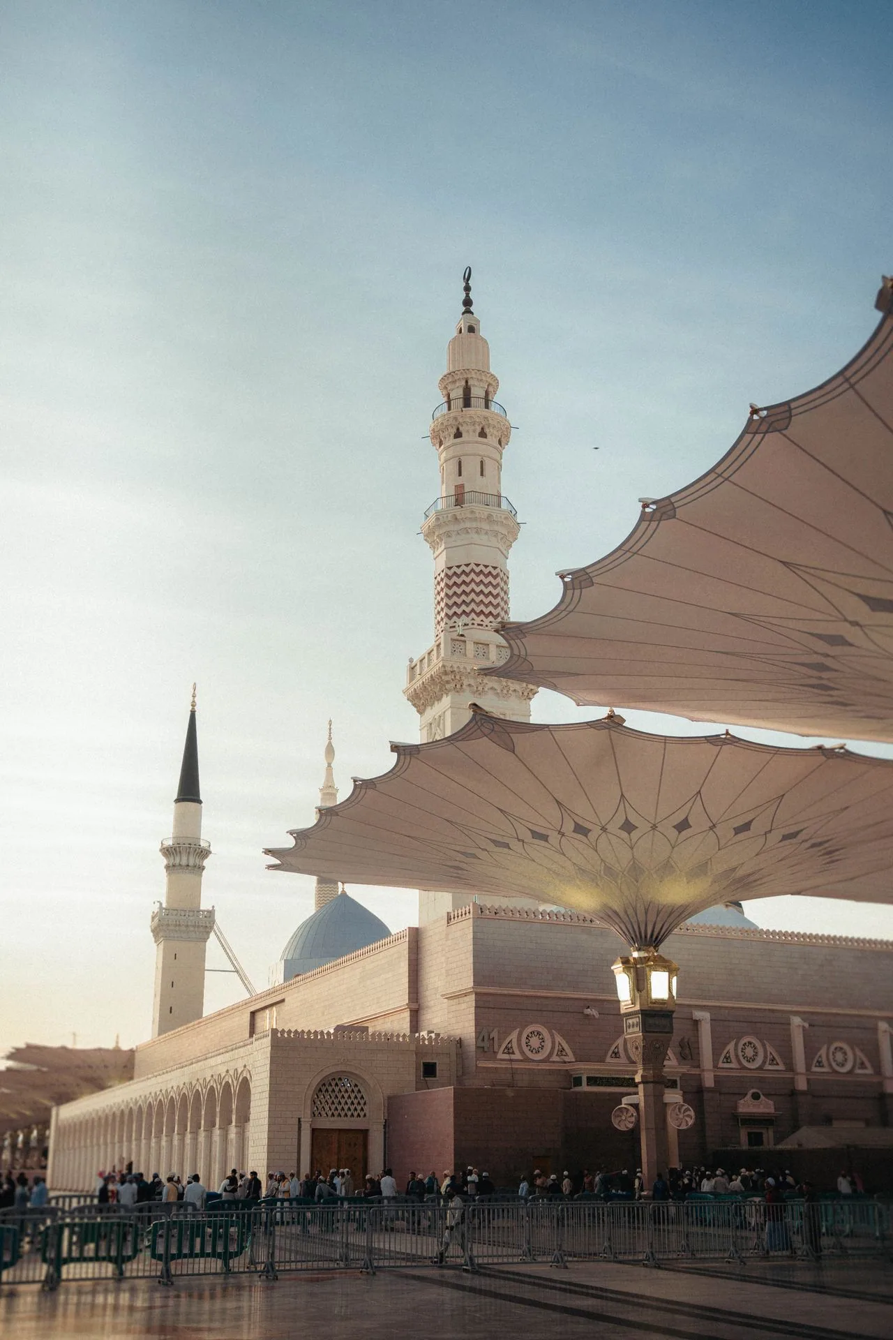 Madinah mosque architecture at sunset.