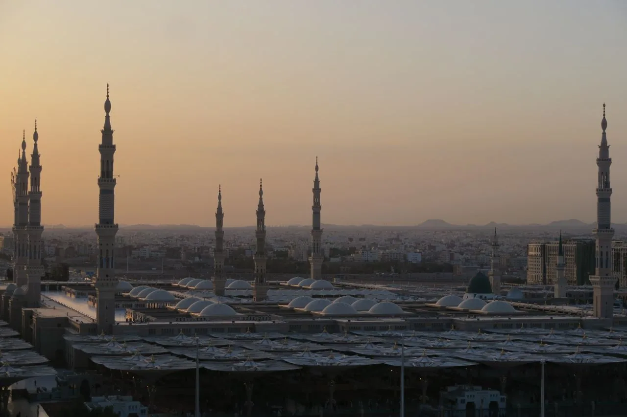 The Prophet’s Mosque in Madinah at sunset.