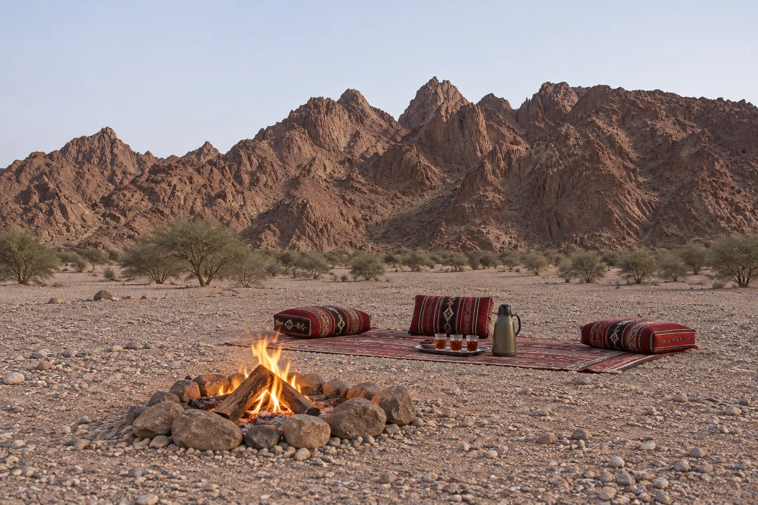 A small desert bonfire and majlis seating beneath rocky Al-Baida-style mountains.