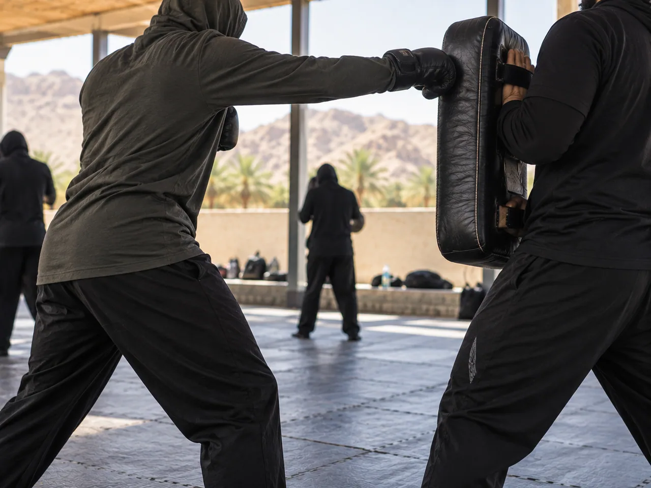 Pad work during self-defence training; illustrative image.