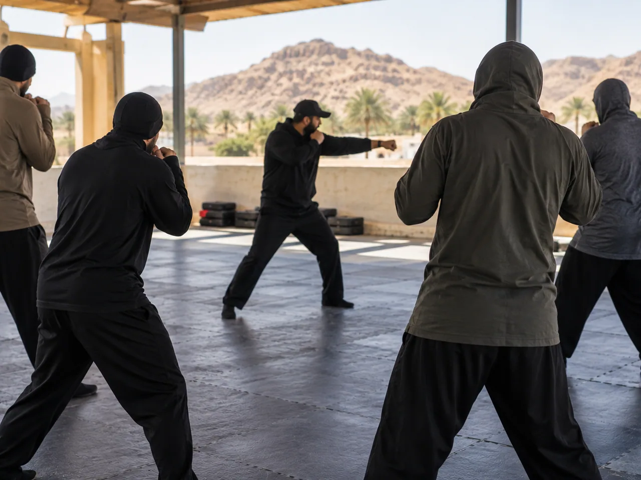Group practising self-defence movements; illustrative image.